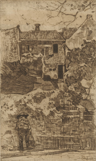 Playing children by the water (original title), print, printmaker: Willem de Zwart, c. 1895 - c. 1896, paper, etching, drypoint, intaglio printmaking technique, height 217 mm x width 133 mm, children's games and plays, pond, pool, civic architecture, edifices, dwellings, A sepia-toned etching depicting a narrow street or alley flanked by densely textured buildings and foliage, showing rooftops with tiles and chimneys, a multi-story house with visible windows and an open doorway, and layered stone or brickwork; a figure seen from behind stands in the foreground wearing a hat and loose clothing, facing toward the buildings, while various crosshatched shadows and scribbled lines form bushes, steps, and uneven ground, and bare tree branches stretch across the upper area of the scene.