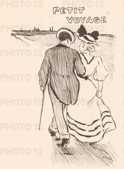 Petit voyage, print, printmaker: Théophile Alexandre Steinlen, publisher: Georges Ondet, Paris, 1894, paper, lithography, height 354 mm x width 270 mm, head gear, walking stick, staff, fashion, clothing, A charcoal-style drawing of a man and a woman seen from behind as they walk on a shoreline, the man wearing a suit jacket, trousers, shoes, and a hat and holding a cane, the woman wearing a long dress with horizontal dark bands near the hem and a hat with a large bow, their arms linked, a distant low-lying town and horizon sketched in the background, and textured sand and footprints beneath their feet.