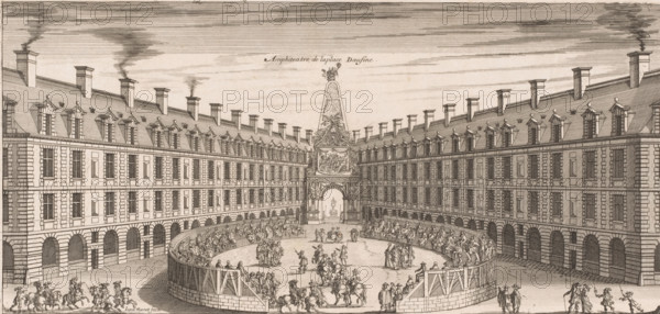 View of the amphitheater on the Place Dauphine in Paris, Amphiteatre de laplace Daufine, print, book illustration, printmaker: Jean Marot (I), 1662, paper, etching, height 182 mm x width 380 mm, Print used for: Tronçon, Jean. Entrée triumphante de leurs Majestez Louis, A wide courtyard enclosed on three sides by tall, uniform buildings with mansard roofs, dormer windows, and multiple chimneys emitting plumes of smoke, with rows of arched openings at the ground level and regularly spaced rectangular windows above; at the far end of the courtyard stands a tall, ornate obelisk-like monument with sculptural reliefs and a large arched gateway at its base, through which a statue is visible; in the circular central area a wooden barrier surrounds a performance or gathering space where many people are seated along the barrier and others stand or ride horses inside the enclosure, with small groups of figures conversing or gesturing on the paved area and additional riders and pedestrians outside...