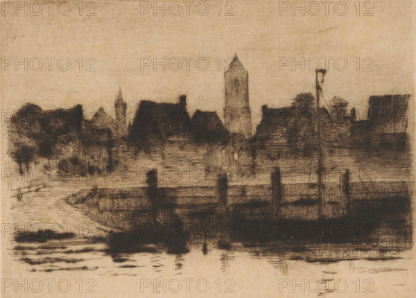 Tholen at evening, Tholen (original title), Schetsen in Holland (original series title), print, In the foreground a quay. In the background the tower of the Grote or Onze-Lieve-Vrouwekerk., printmaker: Carel Nicolaas Storm van 's-Gravesande (signed by artist), Netherlands, c. 1884, Carel Nicolaas Storm van 's-Gravesande, paper, drypoint, intaglio printmaking technique, height 140 mm x width 191 mm, This is the tenth print from a series of twelve., city-view in general, 'veduta', parts of church exterior and annexes: tower, evening, Onze-Lieve-Vrouwekerk (Tholen), A sepia-toned sketch of a waterfront scene showing dark, shadowy building silhouettes with pitched roofs and a taller tower rising among them, a flagpole with a small ragged flag near a cluster of trees, a wooden pier or fence extending into calm water that reflects horizontal strokes and smudges, and textured sky above with soft shading.