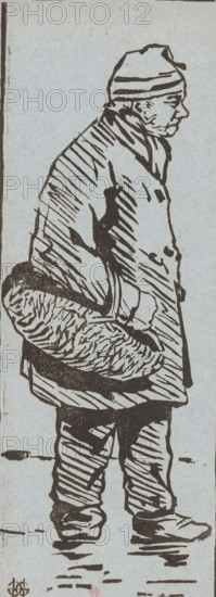 Old man with basket, print, printmaker: Henri Charles Guérard (signed by artist), 1856 - 1897, paper, woodcut, woodcut on blue paper, height 468 mm x width 176 mm, old man, carrying something in basket, bag, rucksack, A tall, narrow black ink drawing of a standing person in profile facing right, wearing a striped beanie and a long, heavy coat with visible folds and diagonal shading lines; the figure holds a large, textured bundle or sack at waist level, with the coat collar turned up and buttons visible on the front; the lower garment shows pronounced folds and diagonal hatching, and the shoes are simple with shaded soles; the background is plain with a light, slightly textured tone and a few short horizontal marks at the feet.