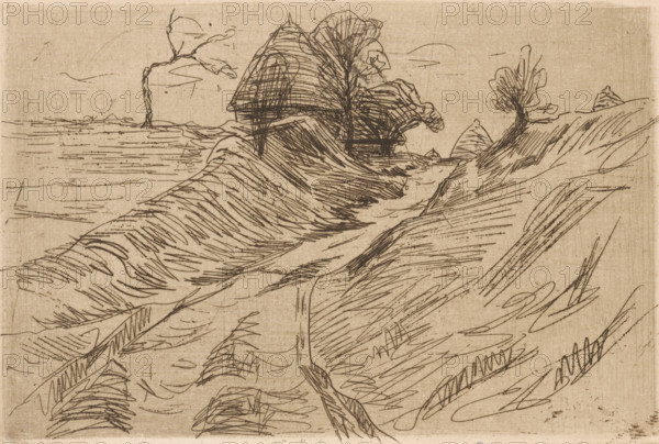 Country road, print, printmaker: Maurits van der Valk (signed by artist), 1867 - 1935, paper, etching, intaglio printmaking technique, height 120 mm x width 178 mm, road, path, A sepia-toned sketch of a coastal scene with a narrow winding path flanked by sloping dunes and rough textured grasses. In the midground a cluster of thatched roofs and a large tree with dense, scribbled foliage sits near the shoreline. The horizon shows a calm sea with horizontal sketch lines and a distant, low-lying bank. Sparse, leafed trees and small rounded mounds appear on the distant headland. The drawing consists of expressive, crosshatched ink lines on a textured paper background.
