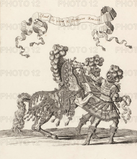 Cheval de mains & Palfreniers Romains, Two palfreniers with horse in Roman costume, print, book illustration, inscription, printmaker: François Chauveau, France, publisher: Charles Perrault, Paris, 1670, paper, etching, proof for letter, height 304 mm x width 262 mm, An engraved scene shows a richly caparisoned horse with an ornate saddle cloth decorated with patterns, tassels, medallions, and a stylized bird motif, its mane and tail depicted in voluminous, curled locks; two armored figures stand beside the horse wearing layered, decorated armor and plumed helmets, one holding the horse's reins while the other gestures with a cloth, both garments featuring scalloped hems, straps, and ornamental fastenings; above them a long ribbon with pleated sections and tasseled ends undulates across the upper area of the image, and the ground beneath is rendered with lined texture.