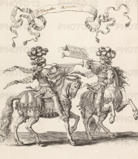 Trumpeters on horseback in Roman costume, Trompettes romains, print, book illustration, inscription, printmaker: François Chauveau, France, publisher: Charles Perrault, Paris, 1670, paper, etching, proof for letter, height 311 mm x width 265 mm, A detailed black and white engraving shows two richly dressed riders on horseback facing each other while blowing long trumpets, each rider wearing ornate armor and plumed headpieces with voluminous curls, flowing ribbons and decorative sashes extending behind them; the horses are elaborately caparisoned with patterned cloths, tassels and decorative masks, their manes and tails rendered with fine lines, and both animals are depicted mid-stride on a textured ground; above the riders a large ribbon-like banner with curled ends and hanging tassels arches across the top, and one trumpet carries a small cloth standard with an emblematic design.