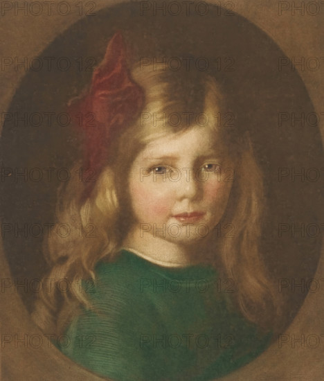 Portrait of an unknown girl, print, The girl is wearing a bow in her hair., printmaker: Heinrich M. Krabbé (signed by artist), 1878 - 1931, paper, color mezzotint, height 301 mm x width 250 mm, anonymous historical person portrayed - BB - woman, child (at home) - AA - girl, A softly rendered portrait of a young girl with long wavy blonde hair wearing a green garment and a large dark circular background; she has a red ribbon in her hair, fair skin with rosy cheeks, light-colored eyes looking slightly toward the viewer, and gently smiling lips.