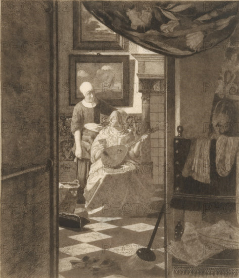 The love letter (original title), print, printmaker: Jan Veth (signed by artist), after painting by Johannes Vermeer, 1893, biological material, parchment (animal material), etching, intaglio printmaking technique, etching with plate tone on parchment, proof, height 293 mm x width 237 mm, lute, and special forms of lute, eg: theorbo, letter, envelope, maid, house personnel, A dim interior scene shows two women near a tiled fireplace; one woman sits holding a lute and a small card while wearing a patterned dress and draped fabric, the other stands behind her wearing a plain dress and a white cap, offering a plate. Framed landscape paintings hang on the wall above them and patterned upholstery appears behind the seated woman. In the foreground a doorway reveals a checkered floor with a broom resting on it and scattered cloths and shoes. To the right a coat rack or cabinet displays hanging garments and folded linens, and a heavy curtain with visible folds drapes across the upper corner of...