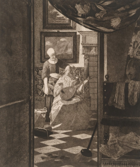 The love letter (original title), print, printmaker: Jan Veth (signed by artist), after painting by Johannes Vermeer, 1893, paper, chine collé, etching, intaglio printmaking technique, height 297 mm x width 237 mm, lute, and special forms of lute, eg: theorbo, letter, envelope, maid, house personnel, A sepia-toned interior scene shows a room viewed through a doorway with a patterned floor of alternating light and dark tiles; inside a seated woman holds a lute while a standing woman beside her holds a plate, both wearing long garments and caps, with patterned upholstery behind them and framed pictures on the wall; to the right a tall tiled stove or architectural element rises beside a chair draped with fabric and a broom leaning against the doorway; various textiles and a small bag or case rest on the floor and furniture, and heavy drapery hangs across the upper right of the image.