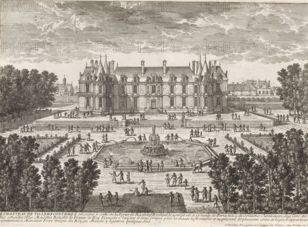 Le Chasteau, View of Château de Villers-Cotterêts, Cityscapes and landscapes in France and Italy, Recueil de vues de monuments de Paris, des principales résidences royales et des principales châteaux de France et de Rome, print, album page, Series number, 111, 132, Print is part of an album., printmaker: Gabriel Perelle, printmaker: Adam Perelle, printmaker: Nicolas Perelle, publisher: Nicolas Langlois (I), Paris, grantor of privilege: Louis Langlois (II), Louis XIV (king of France), France, paper, etching, height 220 mm x width 307 mm, Prints with the signature 'Perelle' may have been made by either father Gabriel or sons Nicolas and Adam. The publishers father and son Nicolas Langlois are both listed as N. Langlois at the same address., garden fountain, landscape with tower or castle, French or architectonic garden, formal garden, Villers-Cotterêts, Château de Villers-Cotterêts, A detailed engraving shows a large ornate stone chateau with a symmetrical façade, steep pitched roofs, ch...