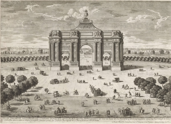The Arc of Triumph, View of the Arc de Triomphe du Carrousel, Collection of views of monuments in Paris, the principal royal residences and the principal castles of France and Rome, Cityscapes and landscapes in France and Italy, print, album page, Series number, 23, 132, Print is part of an album., printmaker: Adam Perelle, publisher: Nicolas Langlois (I), Paris, grantor of privilege: Louis XIV (King of France), France, 1670 - 1695, paper, etching, height 198 mm x width 282 mm, Prints with the signature 'Perelle' could have been created by either father Gabriel or sons Nicolas and Adam. The publishers, father and son Nicolas Langlois, are both listed as N. Langlois at the same address., triumphal arch, Arc de Triomphe du Carrousel, A large ornate triumphal arch stands at the center with three arched openings flanked by decorated columns and sculptural reliefs, a statue atop its roof, and detailed ornamental panels; in front and around the arch an open plaza is populated by numerous sma...