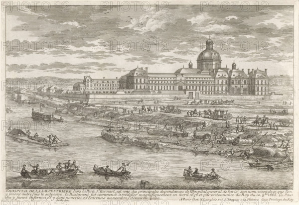 View of the Hôpital de la Salpêtrière from the Seine, L'Hospital de la Salpestriere, Cityscapes and landscapes in France and Italy, Collection of views of monuments in Paris, the principal royal residences and the principal castles of France and Rome, print, album page, Series number, 31, 132, Print is part of an album., printmaker: Gabriel Perelle, publisher: Nicolas Langlois (I), Paris, grantor of privilege: Louis XIV (King of France), France, 1677 - 1695, Gabriel Perelle, Nicolas Langlois (I), Louis XIV (King of France), printmaker, publisher, grantor of privilege, paper, etching, height 204 mm x width 297 mm, Prints with the signature 'Perelle' could have been made by either father Gabriel or sons Nicolas and Adam. The publishers father and son Nicolas Langlois are both listed as N. Langlois at the same address., hospital, city-view, and landscape with man-made constructions, Hôpital de la Salpêtrière, A wide riverside scene rendered in fine monochrome lines shows a large classical...