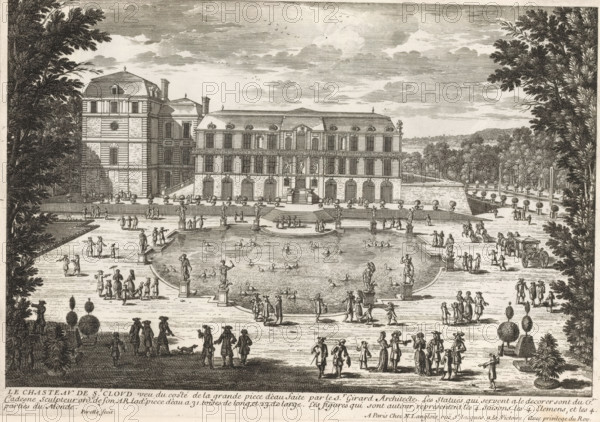 View of the Castle of Saint-Cloud with pond, Le Chasteau de St. Cloud vue du costé de la grande piece d'eau, Cityscapes and landscapes in France and Italy, Recueil de vues de monuments de Paris, des principales résidences royales et des principales châteaux de France et de Rome, print, album page, Series number, 44, 132, Print is part of an album., printmaker: Gabriel Perelle, printmaker: Adam Perelle, printmaker: Nicolas Perelle, publisher: Nicolas Langlois (I), Paris, publisher: Nicolas Langlois (II), grantor of privilege: French crown, France, 1613 - 1707, Gabriel Perelle, Adam Perelle, Nicolas Perelle, Nicolas Langlois (I), Nicolas Langlois (II), French crown, publisher, grantor of privilege, paper, etching, height 218 mm x width 308 mm, Prints with the signature 'Perelle' may have been made by either father Gabriel or sons Nicolas and Adam. The publishers father and son Nicolas Langlois are both listed as N. Langlois at the same address., landscape with tower or castle, castle, ga...