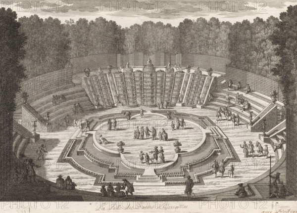 La Salle des Danses à Versailles, View of the ballroom in the garden of Versailles, Cityscapes and landscapes in France and Italy, Recueil de vues de monuments de Paris, des principales résidences royales et des principales châteaux de France et de Rome, print, album page, Series number, 61, 132, Print is part of an album., printmaker: Gabriel Perelle, printmaker: Nicolas Perelle, printmaker: Adam Perelle, publisher: Nicolas Langlois (I), Paris, grantor of privilege: Louis Langlois (I), Louis XIV (King of France), France, paper, etching, proof print, height 219 mm x width 311 mm, Prints with the signature 'Perelle' may have been made by either father Gabriel or sons Nicolas and Adam. The publishers father and son Nicolas Langlois are both listed as N. Langlois at the same address., garden fountain, French or architectonic garden, formal garden, Versailles, Garden of Versailles, Salle de Bal, A large formal terrace with concentric stone balustrades and an oval central platform occupies ...