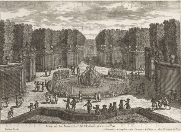 View of the Fontaine de l'Étoile at Versailles, View of the Bosquet de l'Étoile at Versailles, Cityscapes and landscapes in France and Italy, Collection of views of monuments in Paris, the principal royal residences and the principal castles of France and Rome, print, album page, Series number, 63, 132, Print is part of an album., printmaker: Gabriel Perelle, printmaker: Nicolas Perelle, printmaker: Adam Perelle, publisher: Nicolas Langlois (I), Paris, grantor of privilege: Louis XIV (King of France), France, 1664 - 1703, paper, etching, height 220 mm x width 305 mm, Prints with the signature 'Perelle' may have been made by either father Gabriel or sons Nicolas and Adam. The publishers father and son Nicolas Langlois are both listed as N. Langlois at the same address., garden fountain, French or architectonic garden, formal garden, Versailles, Garden of Versailles, A wide formal garden scene rendered in a detailed monochrome engraving showing a central circular fountain area with multi...