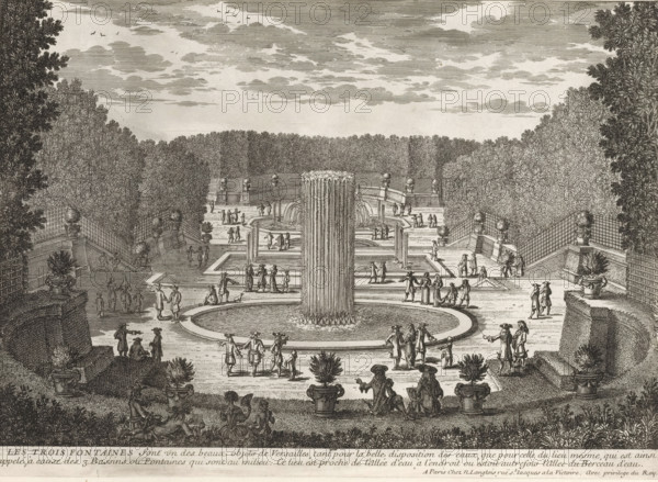 View of the three fountains of Versailles, Les trois fontaines, Collection of views of monuments of Paris, the principal royal residences and the principal castles of France and Rome, Cityscapes and landscapes in France and Italy, print, album page, Series number, 64, 132, Print is part of an album., printmaker: Gabriel Perelle, publisher: Nicolas Langlois (I), Paris, grantor of privilege: Louis XIV (King of France), France, 1677 - 1703, paper, etching, height 220 mm x width 306 mm, Prints with the signature 'Perelle' could have been made by both father Gabriel and sons Nicolas and Adam. The publishers father and son Nicolas Langlois are both listed as N. Langlois at the same address., garden fountain, French or architectonic garden, formal garden, Versailles, Garden of Versailles, A wide engraved scene shows a formal garden with a large central circular fountain spraying tall vertical jets, surrounded by geometric basins and terraces. Stone balustrades and urns with plants line the st...