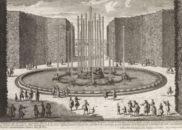 View of the Fountain of Saturn, Le bassin de Saturne represente l'Hiver, Cityscapes and landscapes in France and Italy, Collection of views of monuments of Paris, the principal royal residences and the principal castles of France and Rome, print, album page, Series number, 71, 132, Print is part of an album., printmaker: Gabriel Perelle, printmaker: Nicolas Perelle, printmaker: Adam Perelle, publisher: Nicolas Langlois (I), Paris, grantor of privilege: Louis XIV (King of France), France, 1672 - 1703, Gabriel Perelle, Nicolas Perelle, Adam Perelle, Nicolas Langlois (I), Louis XIV (King of France), publisher, grantor of privilege, paper, etching, height 212 mm x width 302 mm, Prints with the signature 'Perelle' could have been made by either father Gabriel or sons Nicolas and Adam. The publishers father and son Nicolas Langlois are both listed as N. Langlois at the same address., winter, 'Hyems', 'Inverno' (Ripa), garden fountain, French or architectonic garden, formal garden, (story of)...