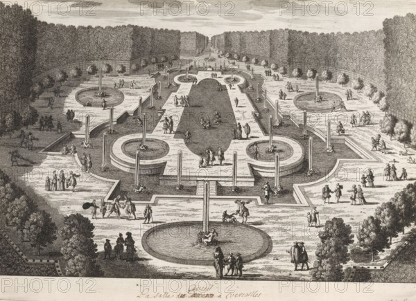 La Salle de Conseil à Versailles, View of the Salle de Conseil at Versailles, Recueil de vues de monuments de Paris, des principales résidences royales et des principales châteaux de France et de Rome, Cityscapes and landscapes in France and Italy, print, album page, Series number, 73, 132, Print is part of an album., printmaker: Gabriel Perelle, printmaker: Nicolas Perelle, printmaker: Adam Perelle, publisher: Nicolas Langlois (I), Paris, grantor of privilege: Louis (I), Louis XIV (King of France), France, paper, etching, proof print, height 224 mm x width 309 mm, Prints with the signature 'Perelle' may have been made by either father Gabriel or sons Nicolas and Adam. The publishers father and son Nicolas Langlois are both listed as N. Langlois at the same address., garden fountain, French or architectonic garden, formal garden, Versailles, Garden of Versailles, A detailed black and white engraving shows a formal garden with symmetrical walkways, low stone terraces, circular pools wit...