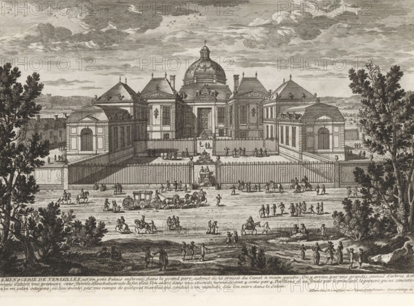 View of the Menagerie of Versailles, La menagerie de Versailles, Collection of views of monuments of Paris, the principal royal residences and the principal castles of France and Rome, Cityscapes and landscapes in France and Italy, print, album page, Series number, 78, 132, Print is part of an album., printmaker: Gabriel Perelle, printmaker: Adam Perelle, printmaker: Nicolas Perelle, publisher: Nicolas Langlois (I), Paris, grantor of privilege: Louis XIV (King of France), France, 1664 - 1703, paper, etching, height 191 mm x width 292 mm, Prints with the signature 'Perelle' could have been made by either father Gabriel or sons Nicolas and Adam. The publishers father and son Nicolas Langlois are both listed as N. Langlois at the same address., garden fountain, French or architectonic garden, formal garden, zoological garden, zoo, seen as a place where non-domestic animals are kept, Versailles, Garden of Versailles, A wide etching shows a grand classical building with a central domed pavi...