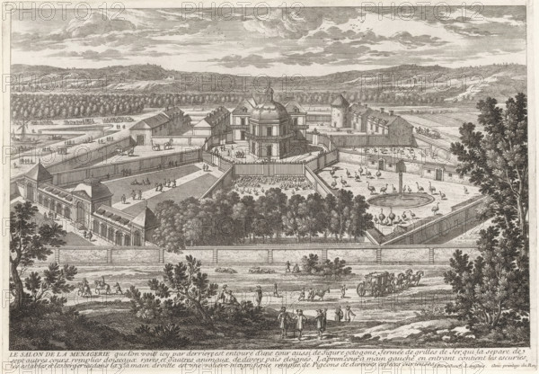 View of the Menagerie of Versailles, The Salon of the Menagerie, Collection of views of monuments in Paris, the principal royal residences and the principal castles of France and Rome, Cityscapes and landscapes in France and Italy, print, album page, Series number, 79, 132, Print is part of an album., printmaker: Gabriel Perelle, printmaker: Adam Perelle, printmaker: Nicolas Perelle, publisher: Nicolas Langlois (I), Paris, grantor of privilege: Louis XIV (King of France), France, 1664 - 1703, paper, etching, height 208 mm x width 298 mm, Prints with the signature 'Perelle' could have been made by either father Gabriel or sons Nicolas and Adam. The publishers father and son Nicolas Langlois are both listed as N. Langlois at the same address., garden fountain, French or architectonic garden, formal garden, zoological garden, zoo, seen as a place where non-domestic animals are kept, Versailles, Garden of Versailles, A detailed black and white engraving shows a large enclosed estate with a...