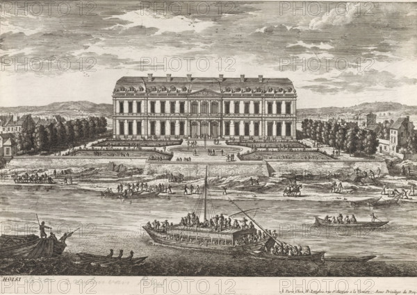 Choisi, View of Château de Choisy, Collection of views of monuments in Paris, the principal royal residences and the principal castles of France and Rome, Cityscapes and landscapes in France and Italy, print, album page, Series number, 91, 132, Print is part of an album., printmaker: Gabriel Perelle, printmaker: Adam Perelle, printmaker: Nicolas Perelle, publisher: Nicolas Langlois (I), Paris, grantor of privilege: Louis XIV (King of France), France, 1650 - 1695, paper, etching, height 217 mm x width 310 mm, Prints with the signature 'Perelle' could have been made by either father Gabriel or sons Nicolas and Adam. The publishers father and son Nicolas Langlois are both listed as N. Langlois at the same address., landscape with tower or castle, French or architectonic garden, formal garden, Château de Choisy, A detailed engraving shows a large three-story classical building with a central pedimented section, rows of tall windows, and a mansard roof with dormer windows, set behind formal...