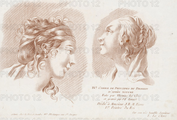 Title print with two women's heads, Compositions with human body parts, Cahier de principals du dessein d'apres nature, print, title print, watermark, printmaker: Jean François Janinet, France, after drawing by Pierre Thomas Le Clerc, publisher: Le Père & Pierre-Michel Avaulez, Charles, Paris, dedicated to: Jean Baptiste Marie Pierre, 1773 - 1777, paper, crayon manner, crayon manner in brown, height 215 mm x width 295 mm, This print is part of an album consisting of at least eleven parts. This is the first page of the ninth album. These albums probably served as examples for draftsmen, painters, and engravers., head (human) - AA - female human figure, Two sepia-toned drawn profiles of women face each other on aged paper, one on the left with curly hair gathered and wrapped with bands, loose tendrils and an earring visible, the other on the right with hair pulled back into a bun, softer waves and an earring, both rendered with hatched shading and textured strokes against lightly shaded ...