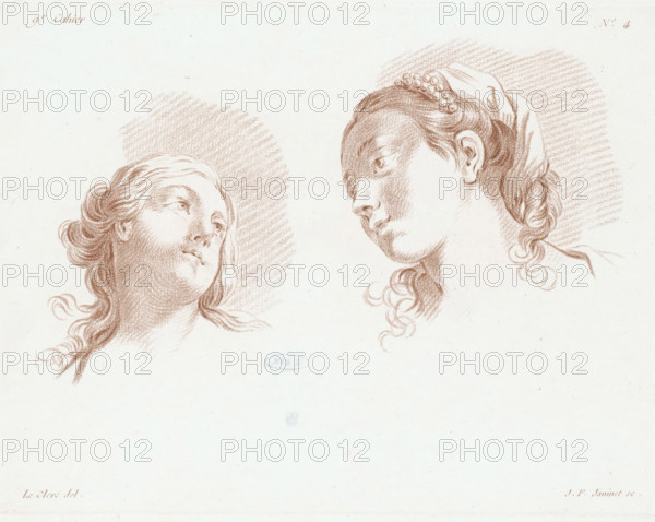 Two women's heads, Compositions with human body parts, Cahier de regios du dessein d'après nature, print, watermark, printmaker: Jean François Janinet, France, after drawing by Pierre Thomas Le Clerc, publisher: Le Père & Pierre-Michel Avaulez, Charles, Paris, dedicated to: Jean Baptiste Marie Pierre, 1773 - 1777, paper, crayon manner, crayon manner in brown, height 213 mm x width 293 mm, This print is part of a album consisting of at least eleven parts. This is the fourth page of the ninth album. These albums probably served as examples for draftsmen, painters, and engravers., head (human) - AA - female human figure, Two sepia-toned head studies of young women are drawn on a pale background, one on the left with loose wavy hair pulled back and an upward-tilted face looking toward the right, the other on the right with hair gathered under a cloth and adorned with a band of round decorations, the head turned slightly down and angled toward the left; both heads are rendered with soft sha...