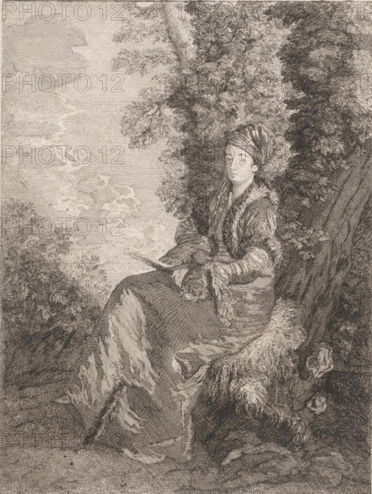 Portrait of a dreamy woman with a fan, print, printmaker: Pierre Alexandre Aveline, France, after design by Jean Antoine Watteau, publisher: Edme François Gersaint, 1712 - 1760, paper, etching, intaglio printmaking technique, height 278 mm x width 195 mm, fan, sitting on an elevation - AA - female human figure, A monochrome engraved scene shows a seated figure wearing a headwrap and a long, fur-trimmed coat, positioned against a backdrop of dense foliage and tree trunks; the figure's hands rest in their lap holding a slender object, and their face is turned slightly toward the viewer with a calm expression; layered leaves and branches fill the upper right area while crosshatched sky and distant vegetation occupy the left, and textured fabric and fur details drape around the figure down to the foreground where the ground and rock textures are rendered.