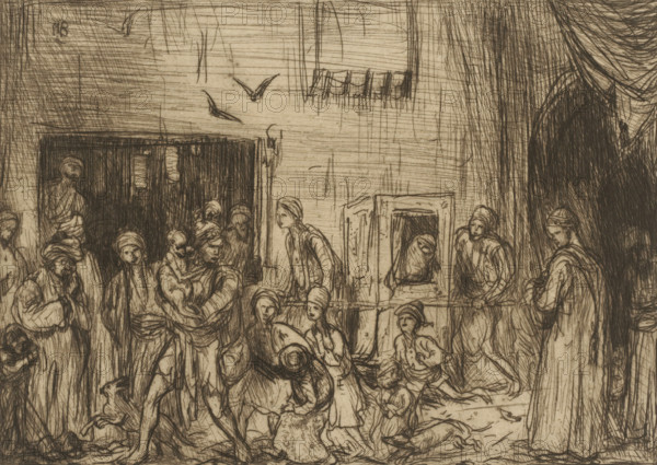 Woman in sedan chair, print, A veiled woman is being carried down the street in a sedan chair by two men. There are several men and boys on the street. One of the men is holding a monkey in his arms., printmaker: Marius Bauer (signed by artist), 1889, paper, etching, intaglio printmaking technique, etching with plate tone, height 148 mm x width 197 mm, monkeys, apes, (carrying a person on a) litter, stretcher, A densely hatched pen-and-ink scene shows a crowded interior with many figures wearing robes and headwraps gathered around a central area; some figures stand while others kneel or sit, and one person cradles a small child against their chest. Architectural elements include a tall arched opening at the right, a curtained or recessed doorway at the left, and a rectangular framed structure near the center. Birds are sketched in flight in the upper space, and various draped fabrics and bundled objects lie among the people. The drawing uses fine, overlapping lines and crosshatching to...