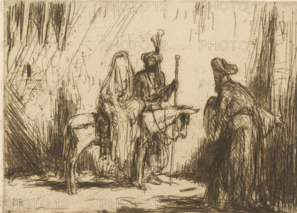 Man welcomes visitors, print, A veiled woman on a donkey, next to her a standing man. To their right a standing man beckoning them to come closer., printmaker: Marius Bauer (signed by artist), 1901, paper, etching, intaglio printmaking technique, etching with plate tone, height 129 mm x width 175 mm, ass, donkey, being welcomed, travelling, A sepia-toned etching shows three robed figures and a donkey amidst tall, vertical strokes suggesting vegetation; two figures sit on the donkey, one draped with a long veil and flowing garments, the other wearing a turban with a tall feather and holding a slender staff, while a third robed figure with a turban stands facing them with a hand extended; the scene is rendered in fine, sketch-like lines with dense crosshatching on clothing and background, and the ground beneath them appears textured with scattered short lines.