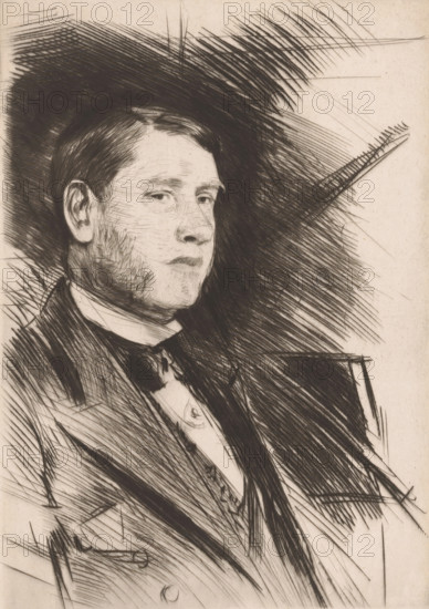 Portrait of John Postle Heseltine, print, annotation: '2', printmaker: Paul César Helleu (signed by artist), 1869 - 1927, paper, drypoint, intaglio printmaking technique, height 284 mm x width 203 mm, Person, John Postle Heseltine, historical persons, portrait, self-portrait of painter, art collector, A monochrome sketch of a man shown from the chest up seated in a three-quarter profile facing right, with short hair combed to the side, a clean-shaven jaw with subtle stubble, a contemplative expression, and slightly downturned lips; he wears a dark jacket over a light shirt and a bow tie, and the background and figure are rendered with dense, energetic crosshatched lines creating areas of deep shadow and textured highlights.