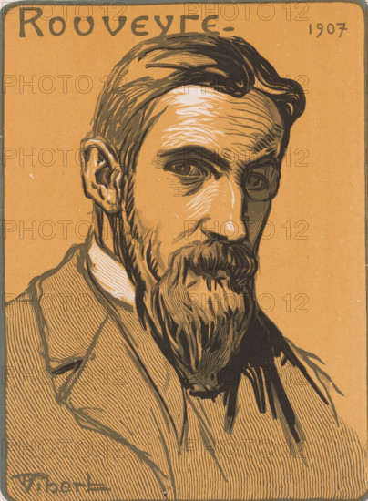 Rouveyre, Portrait of André Rouveyre, print, printmaker: Pierre-Eugène Vibert (signed by artist), 1907, paper, color woodcut, height 359 mm x width 282 mm, Person, André Rouveyre, historical persons, portrait, self-portrait of painter, portrait of a writer, A detailed stylized portrait of a bearded man shown from the shoulders up against a plain background, with closely drawn lines defining his hair, eyebrows, eyes, nose, mustache, and long beard, and wearing a collared shirt and jacket.
