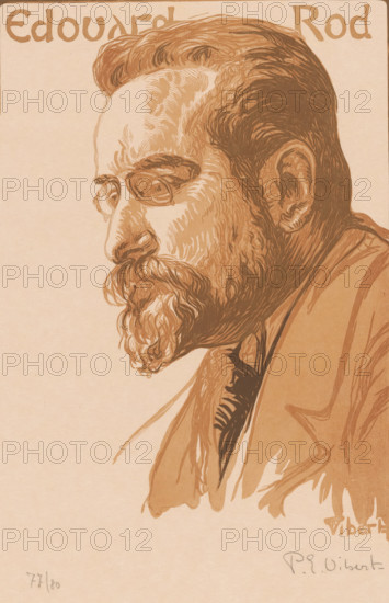 Portrait of Édouard Rod, Edouard Rod, print, printmaker: Pierre-Eugène Vibert (signed by artist), 1885 - 1937, paper, color woodcut, height 366 mm x width 263 mm, Person, Édouard Rod, historical persons, portrait of a writer, A sepia-toned drawing of a man shown in profile facing left, with a full beard and mustache, short combed hair, and a visible ear; he wears small round glasses and a suit jacket with a shirt and dark tie, and the image features detailed linework and shading emphasizing the contours of his face, hair, and clothing on a plain light background.