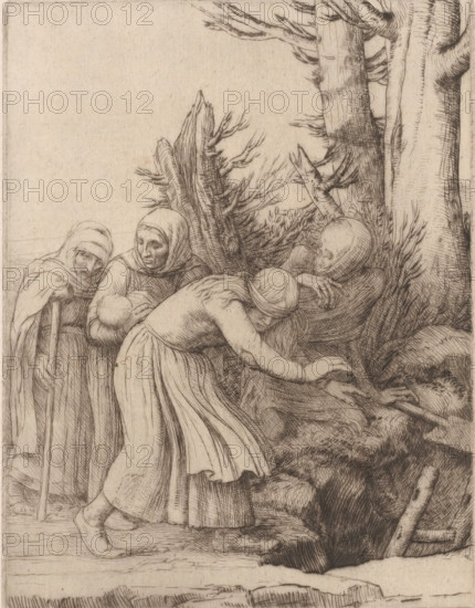 La mort a préparé une demeure aux abandonnés, Three women with a baby are led by death to a hole in the ground, print, number: '34', printmaker: Alphonse Legros (signed by artist), France, 1847 - 1911, paper, drypoint, engraving, intaglio printmaking technique, height 230 mm x width 177 mm, pit, hole, Death as skeleton - FF - Death as female, A monochrome etching showing a group of figures gathered near a cluster of gnarled trees and dense undergrowth. The scene includes a standing figure leaning forward with an arm extended toward the tree trunk, wearing a long skirt and head covering, and another figure bent over with their head close to the tree and an arm draped across another person. Two older-looking figures stand nearby, wrapped in cloaks and head coverings, one leaning on a staff and the other holding something rounded. The trees have detailed, textured bark and twisted branches, with grasses and shrubbery at their bases. The ground is uneven with visible strokes suggesting roo...