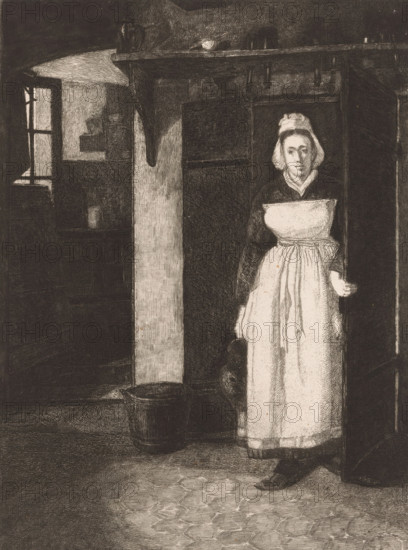 La Sortie de cave., Maid in a doorway, Dix Eaux-fortes, dessinées et gravées by F. Bonvin, Peintre, print, printmaker: François Bonvin, publisher: Alfred Cadart, Paris, 1874 - 1887, paper, etching, stippelwerk, intaglio printmaking technique, height 271 mm x width 201 mm, Part of a ten-part series, published by Cadart in Paris in 1861 and in London in 1871., kitchen-maid, kitchen servant, basement, cellar, A monochrome scene of an interior showing a woman standing in a doorway wearing a dark bodice and a light apron tied at the waist with a ribbon, a light cap on her head, and dark shoes; she holds the door edge with one hand and a small object is visible near her other hand by her side. To her left a large vertical beam or pillar rises from floor to ceiling beneath a shelf holding small vessels and a bowl. In the darker background a window with panes and a ledge is visible, along with shelving and indistinct shapes. A wooden bucket sits on the floor near the base of the pillar, and a ...