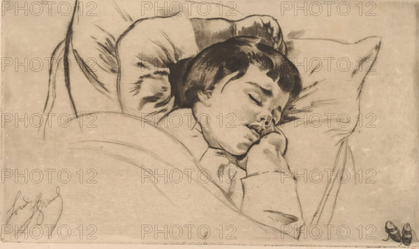 Sleeping child, Bertrand dort de face, print, printmaker: Louis Legrand (signed by artist), France, 1873 - 1951, paper, etching, drypoint, engraving, intaglio printmaking technique, height 154 mm x width 261 mm, child (at home), sleeping in bed, A monochrome drawing of a child lying in bed with eyes closed and head resting on a pillow, dark hair framing the face, one hand tucked under the cheek and the other near the chest, soft shading and fine lines showing the pillow folds and blanket contours, a pair of small shoes placed near the foot of the bed, and a signature visible in a corner.