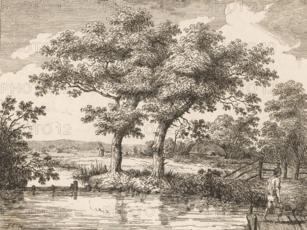 Landscape with figures by a river, Etchings by E. Edwards, print, album page, Series number, 23, 51, Numbered: 23. Print is part of an album., printmaker: Edward Edwards, 1786, 1790, paper, etching, pasted on album page, height 168 mm x width 222 mm, Print is part of a series of 51 prints, consisting of two parts with landscapes (36 prints) and figures and portraits (15 prints), first published in London in 1790., landscapes (landscape with figures, staffage), dry river, river bed (landscape with figures, A detailed monochrome landscape shows a riverside scene with large leafy trees occupying the center, their textured foliage and gnarled trunks rendered with fine lines. A calm body of water fills the foreground, reflecting the nearby shoreline and tree forms. A wooden jetty extends into the water at the lower right where a barefoot figure stands carrying buckets on a yoke. Grassy banks, reeds, and small bushes line the water’s edge. In the midground a small thatched structure sits amo...