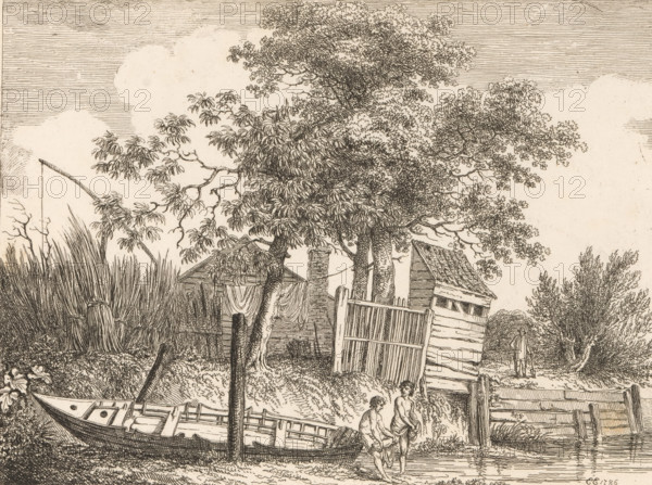 Landscape with bathing figures by a boat, Etchings by E. Edwards, print, album page, Series number, 24, 51, Numbered: 24. Print is part of an album., printmaker: Edward Edwards, 1786, 1790, paper, etching, pasted on album page, height 167 mm x width 224 mm, Print is part of a series of 51 prints, consisting of two parts with landscapes (36 prints) and figures and portraits (15 prints), first published in London in 1790., farm (building), taking a bath - AA - in the open air, landscapes (landscape with figures, staffage), A detailed ink drawing shows a riverside scene with a small upturned boat on the shore near reeds and wooden posts, a fenced gate and a leaning wooden structure behind it, and large trees with dense foliage filling the upper area. In the foreground two partially clothed figures stand at the water's edge beside the boat, one seated on the hull and the other standing, both holding garments. Behind them are clustered huts or sheds with draped cloth, a chimney, and a pathw...