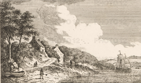 Landscape with a walking path and a river, Etchings by E. Edwards, print, album page, Series number, 33, 51, Numbered: 33. Print is part of an album., printmaker: Edward Edwards, 1789, 1790, paper, etching, pasted on album page, height 144 mm x width 240 mm, Print is part of a series of 51 prints, consisting of two parts with landscapes (36 prints) and figures and portraits (15 prints), first published in London in 1790., (traveller) resting in the open air, river (landscape with figures, staffage), landscapes (landscape with figures, A coastal scene rendered in fine line work shows a shoreline with textured water and a sailing vessel with unfurled sails near the right edge, while a gently sloping bank rises to the left where clustered trees and shrubbery surround small dwellings with pitched roofs and chimneys; a winding path runs between the houses down toward the water, along which a few small human figures stand or walk, and a boat rests on the shore near foreground trees and a sol...