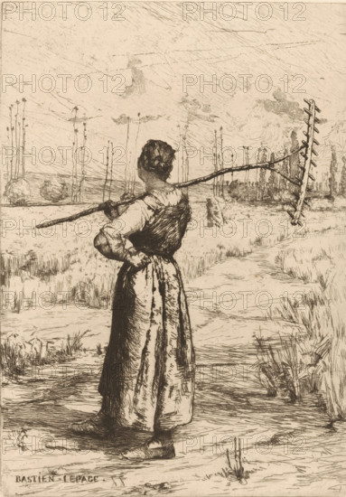 Retour des champs, Woman riding the fields, print, watermark, printmaker: Jules Bastien-Lepage, France, 1858 - 1884, paper, etching, drypoint, intaglio printmaking technique, height 276 mm x width 196 mm, farmers - AA - female farmer, farmer's wife, agricultural implements: rake, raking, A sepia-toned etching shows a woman standing with her back to the viewer in a rural landscape; she wears a long dress with a fitted bodice and rolled sleeves, her hair is gathered at the nape, and one hand rests on her hip while the other holds a long pole that extends across her shoulders toward the right, where a forked implement with protruding teeth is attached. She stands on a path bordered by tall grasses and marshy ground, with scattered low mounds and distant slender tree trunks rising against a sky marked by fine, hatched cloud and wind lines, and tufts of foliage dot the horizon.