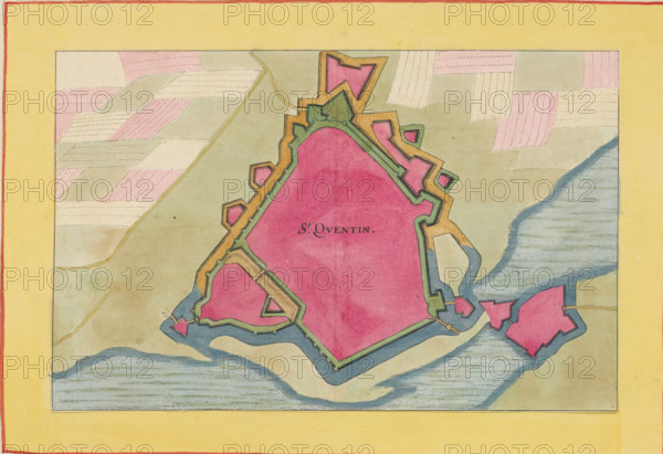St. Quentin, Fortress map of Saint-Quentin, area plan, print, album page, This print is part of an album., after design by Matthäus Merian (II), publisher: Caspar Merian, Frankfurt am Main, colorer (graphic design artist): Anna Beeck, The Hague, 1656, printmaker, colorer (graphic design artist), Hessen, paper, engraving, etching, hand coloring, etching and engraving, hand colored, cut inside the plate edge and mounted in a hand-colored frame, height 184 mm x width 286 mm, height 532 mm x width 320 mm, A rectangular map with a wide yellow border and thin red inner edge contains a central irregular polygonal fortress area filled with solid pink and outlined with green and ochre fortification shapes, surrounded by blue waterways and sandy beige land. The land beyond the fort shows patchwork fields in muted pink and pale beige with dashed stitching-like lines, and a sinuous dotted path crosses a pale greenish area. Small detached bastion shapes in pink and ochre sit near the water, and sha...