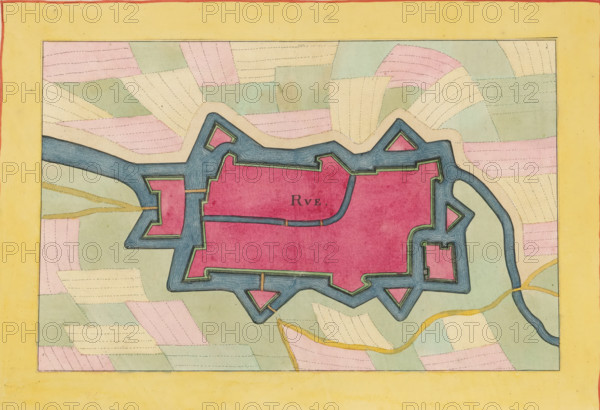 Rue, Fortress plan of Rue, area plan, print, album page, This print is part of an album., after design by Matthäus Merian (II), publisher: Caspar Merian, Frankfurt am Main, colorer (graphic design artist): Anna Beeck, The Hague, 1656, printmaker, colorer (graphic design artist), Hessen, paper, engraving, etching, hand coloring, etching and engraving, hand colored, cut inside the plate edge and mounted in a hand-colored frame, height 183 mm x width 282 mm, height 532 mm x width 320 mm, A colored map segment showing a large irregular central shape filled with a deep pink color and surrounded by a blue moat-like outline with darker inner shading, connected to narrow blue channels and enclosed angular bastion shapes; surrounding the central area are irregular pastel patches in shades of pale green, light pink, and cream with stitched dashed lines, and a winding mustard-colored path crossing some patches; the map is framed by a wide yellow border with an inner thin dark outline and a thin r...