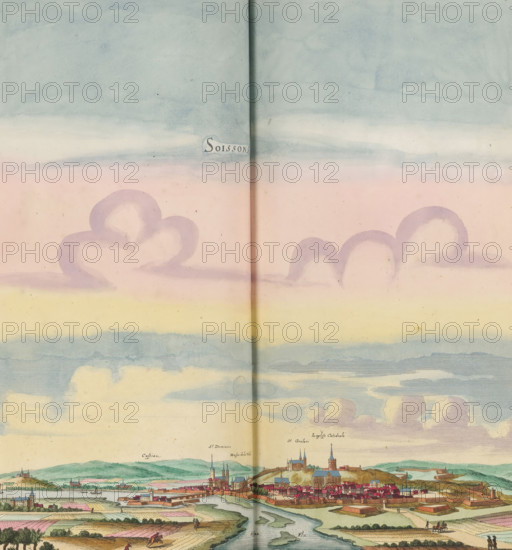 View of Soissons, Soissons, print, album page, This print is part of an album., after drawing by Jan Peeters (I), publisher: Caspar Merian, Frankfurt am Main, colorer (graphic design artist): Anna Beeck, The Hague, 1656, printmaker, colorer (graphic design artist), Hessen, paper, engraving, etching, hand coloring, etching and engraving, hand-colored, cut within the plate edge and pasted in a hand-colored frame, title cut out of the image and glued above it, surrounding sky and clouds hand-painted, height 335 mm x width 326 mm, height 532 mm x width 636 mm, A wide panoramic scene dominated by a softly colored sky with layered horizontal bands of pale blue, pink, and yellow and wispy cloud shapes, including two larger rounded cloud forms outlined in a muted lavender hue above the horizon; below the sky a gently rolling landscape stretches with green hills, cultivated fields in varied pastel tones, and a river winding toward the foreground; clustered along the riverbank is a town with den...