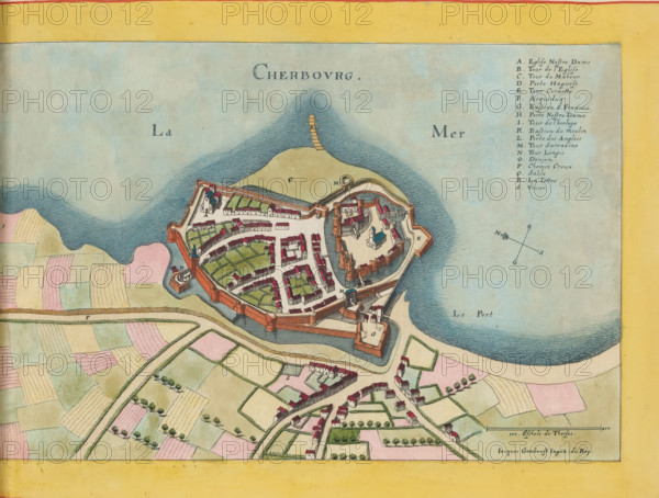 Cherbourg, Map of Cherbourg, area plan, print, album page, This print is part of an album., after drawing by Jacques Gomboust, publisher: Caspar Merian, Frankfurt am Main, colorer (graphic design artist): Anna Beeck, 1656, printmaker, colorer (graphic design artist), Hessen, paper, engraving, etching, hand coloring, etching and engraving, hand colored, cut inside the plate edge and mounted in a hand-colored frame, height 187 mm x width 284 mm, height 532 mm x width 318 mm, A colored map view showing a fortified coastal town with walls and bastions surrounded by water on one side and patchwork fields on the other, a harbor area with a curved pier jutting into the sea, clustered buildings with red roofs and green plots inside the fortifications, towers and gate structures along the walls, a central courtyard with a small church-like building with a blue roof, winding roads leading out to scattered houses and cultivated fields in pastel shades, a compass rose in the water, and a decorativ...