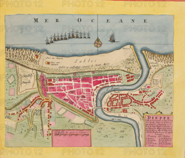 Map of Dieppe, Dieppe. Ville de Normandie au Pais de Caux, area plan, print, album page, This print is part of an album., printmaker, colorer (graphic design artist), The Hague, paper, engraving, etching, hand coloring, etching and engraving, hand colored, cut inside the plate edge and mounted in a hand-colored frame, height 209 mm x width 267 mm, height 532 mm x width 318 mm, Map used in: Fer, Nicolas de. Les forces de l'Europe. 8 parts. Paris: Nicolas de Fer, 1690-1695. Mortier, Pieter. Les forces de l'Europe. 10 parts. Amsterdam: Pieter Mortier, ca. 1700, maps of cities, Dieppe, A colored map segment showing a coastal town with a river curving through it into the sea, a fortified wall and citadel area, blocks of buildings colored pink and red, surrounding green fields and patchwork farmland, a sandy shoreline with contour lines and small fortified piers extending into the water, a cluster of sailing ships drawn offshore, a decorative compass rose in the sea, small circular fort symb...