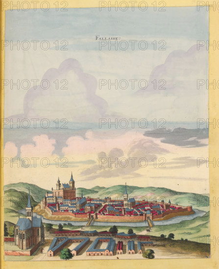 Fallaise, View of Falaise, print, album page, This print is part of an album., after drawing by Jan Peeters (I) (possibly), publisher: Caspar Merian, Frankfurt am Main, colorer (graphic design artist): Anna Beeck, The Hague, 1657, printmaker, colorer (graphic design artist), Hessen, paper, engraving, etching, hand coloring, etching and engraving, hand-colored, cut within the plate edge and pasted in a hand-colored frame, title cut out of the image and glued above it, sky and clouds hand-painted around it, height 345 mm x width 285 mm, height 532 mm x width 320 mm, A painted view of a walled town set among rolling green hills under a pale sky with layered clouds, with a large fortified castle and several church towers rising above clustered red-roofed buildings, a river or moat encircling part of the town with bridges leading into the gate, cultivated plots and rectangular buildings in the foreground, and scattered trees and pathways across the landscape.