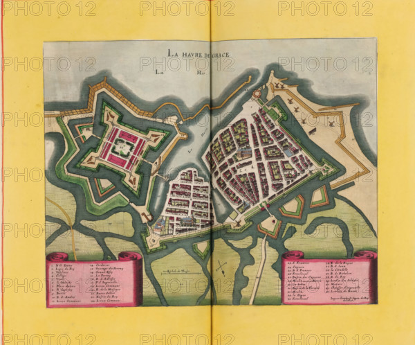 Le Havre de Grace, Map of Le Havre, area plan, print, album page, This print is part of an album., after drawing by Jacques Gomboust, publisher: Caspar Merian, Frankfurt am Main, colorer (graphic design artist): Anna Beeck, The Hague, 1657, printmaker, colorer (graphic design artist), Hessen, paper, engraving, etching, hand coloring, etching and engraving, hand colored, cut inside the plate edge and mounted in a hand-colored frame, height 231 mm x width 306 mm, height 532 mm x width 318 mm, A colored map fragment showing a fortified coastal town with star-shaped bastions, ramparts, and water channels, featuring densely packed buildings with varied roof colors clustered inside geometric defensive walls, green courtyards, and open squares; surrounding the town are shaded waterways and landforms with winding inlets and marshy textures, while along the edges are decorative scroll-like panels and a wide yellow border with a vertical fold line through the center of the image.