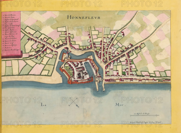Honnefleur, Map of Honfleur, area plan, print, album page, This print is part of an album., after drawing by Jacques Gomboust, publisher: Caspar Merian, Frankfurt am Main, colorer (graphic design artist): Anna Beeck, The Hague, 1657, printmaker, colorer (graphic design artist), Hessen, paper, engraving, etching, hand coloring, etching and engraving, hand colored, cut inside the plate edge and pasted in a hand-colored frame, height 187 mm x width 285 mm, height 532 mm x width 318 mm, A colored map view showing a coastal town with an enclosed fortress area jutting into the water, surrounded by a water moat and connected to the mainland by a bridge, the fortress containing clustered buildings and wall structures with red roofs and beige walls, the mainland area showing streets lined with small rectangular houses with red roofs and beige walls, patchwork agricultural fields in pastel greens and pinks beyond the streets, a pale blue sea at the bottom, a yellow border framing the map, and a ...