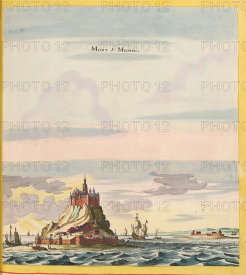 View of Mont Saint-Michel, Mont St. Michel, print, album page, This print is part of an album., after drawing by Jan Peeters (I), publisher: Caspar Merian, Frankfurt am Main, colorer (graphic design artist): Anna Beeck, The Hague, 1657, printmaker, colorer (graphic design artist), Hessen, paper, engraving, etching, hand coloring, etching and engraving, hand-colored, cut within the plate edge and pasted in a hand-colored frame, title cut out of the image and glued above it, sky and clouds hand-painted around it, height 314 mm x width 292 mm, height 532 mm x width 318 mm, A tall rocky island rises from a choppy sea, topped by a large fortified castle with multiple towers and spires in reddish and brown tones, surrounded at the base by small clustered buildings with red roofs and low defensive walls; sailing ships with billowed sails and small flags move in the waters nearby while a few figures stand on the shore, and the sky above shows layered bands of pale blue and pink with soft cloud...