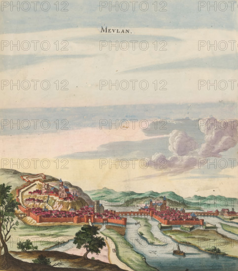 View of Meulan-en-Yvelines, Meulan, print, album page, This print is part of an album., after drawing by Jan Peeters (I) (possibly), publisher: Caspar Merian, Frankfurt am Main, colorer (graphic design artist): Anna Beeck, The Hague, 1657, printmaker, colorer (graphic design artist), Hessen, paper, engraving, etching, hand coloring, etching and engraving, hand-colored, cut within the plate edge and pasted in a hand-colored frame, title cut out of the image and glued above it, surrounding sky and clouds hand-painted, height 321 mm x width 285 mm, height 532 mm x width 318 mm, A wide landscape view shows a fortified town with walls and clustered buildings in shades of red and pink set beside a winding river, with bridges crossing the water and a small sailboat on the river; a steep hill with terraced structures and a larger church rises behind part of the town, and rolling green hills extend into the distance; the foreground contains a dirt path, scattered trees with dark trunks and gree...