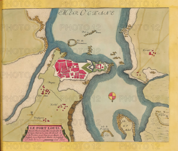 Map of Port-Louis and surroundings, Le Port Louis, print, album page, folder, This print is part of an album., printmaker, colorer (graphic design artist), The Hague, paper, engraving, etching, hand coloring, etching and engraving, hand-colored, cut off inside the plate edge and pasted in a hand-colored frame, height 224 mm x width 284 mm, height 532 mm x width 320 mm, Card used in: Fer, Nicolas de. Les forces de l'Europe. 8 parts. Paris: Nicolas de Fer, 1690-1695. Mortier, Pieter. Les forces de l'Europe. 10 parts. Amsterdam: Pieter Mortier, ca. 1700., maps of separate countries or regions, Port-Louis, A colored map section showing coastal landforms and waterways with winding rivers and inlets shaded in blue, clusters of small buildings and fortified structures filled in with pink, sandy shorelines dotted with tiny speckles, areas of green indicating open land, small illustrated hill groups and rocky outcrops in brown, a circular compass-like emblem with quadrants of red and yellow ove...