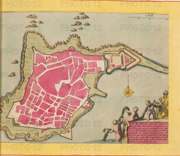 Map of Saint-Malo, St. Malo, ville de la haute Bretagne, area plan, print, album page, This print is part of an album., printmaker, colorer (graphic design artist), The Hague, paper, engraving, etching, hand coloring, etching and engraving, hand-colored, cut within the plate edge and pasted in a hand-colored frame, height 212 mm x width 279 mm, height 532 mm x width 320 mm, Map used in: Fer, Nicolas de. Les forces de l'Europe. 8 vols. Paris: Nicolas de Fer, 1690-1695. Mortier, Pieter. Les forces de l'Europe. 10 vols. Amsterdam: Pieter Mortier, ca. 1700., maps of cities, Saint-Malo, A colored map fragment showing a fortified coastal town area with irregular pink blocks representing streets and buildings, surrounded by pale green landforms and jagged brown rocky shoreline edges, a triangular fortification projecting into the water with inner walls and moats, small rocky islets scattered offshore, a yellow compass rose floating on the pale blue-gray sea, and decorative figures at the lowe...